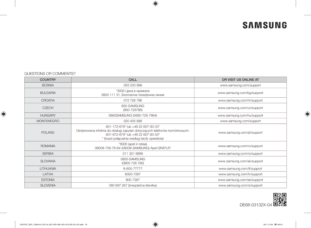 Samsung FG87SST/XEH, FG87SUB/XEO, FG87SUB/BOL, FG87SST/BOL manual Questions or COMMENTS?, Country Call Or Visit US Online AT 