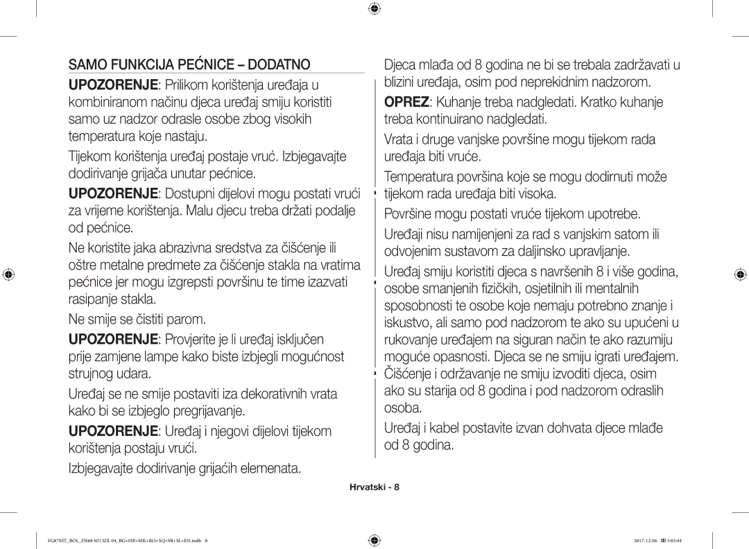 Samsung FG87SST/XEH, FG87SUB/XEO, FG87SUB/BOL, FG87SST/BOL manual Samo Funkcija Pećnice Dodatno 