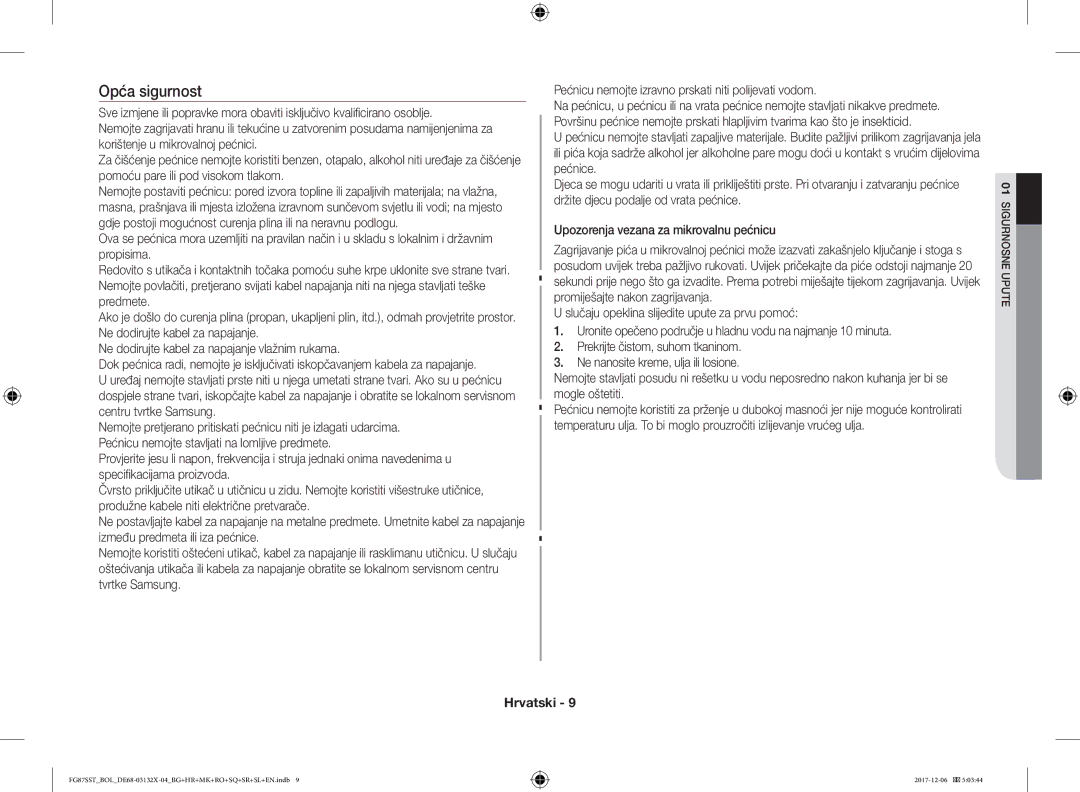 Samsung FG87SUB/XEO, FG87SST/XEH, FG87SUB/BOL, FG87SST/BOL manual Opća sigurnost 