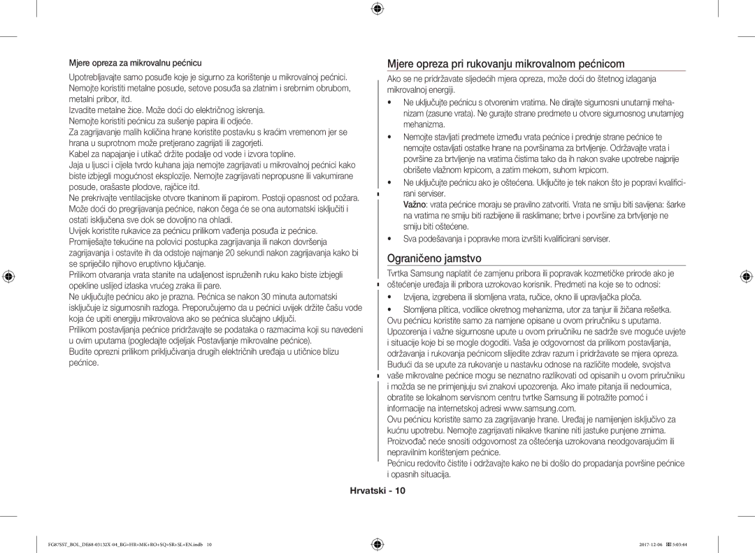 Samsung FG87SUB/BOL, FG87SST/XEH, FG87SUB/XEO manual Mjere opreza pri rukovanju mikrovalnom pećnicom, Ograničeno jamstvo 