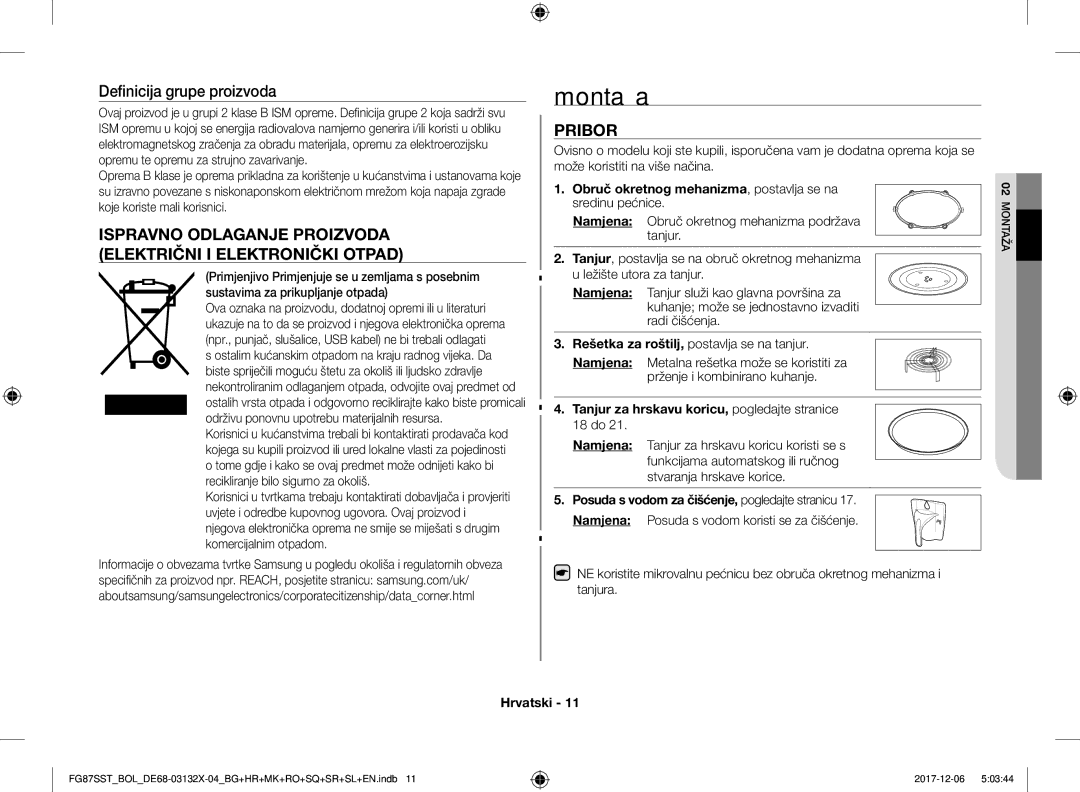 Samsung FG87SST/BOL, FG87SST/XEH, FG87SUB/XEO, FG87SUB/BOL manual Montaža, Definicija grupe proizvoda, Pribor 