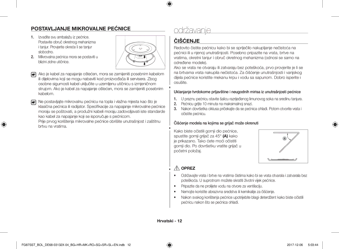 Samsung FG87SST/XEH, FG87SUB/XEO, FG87SUB/BOL, FG87SST/BOL manual Održavanje, Postavljanje Mikrovalne Pećnice, Čišćenje, Oprez 