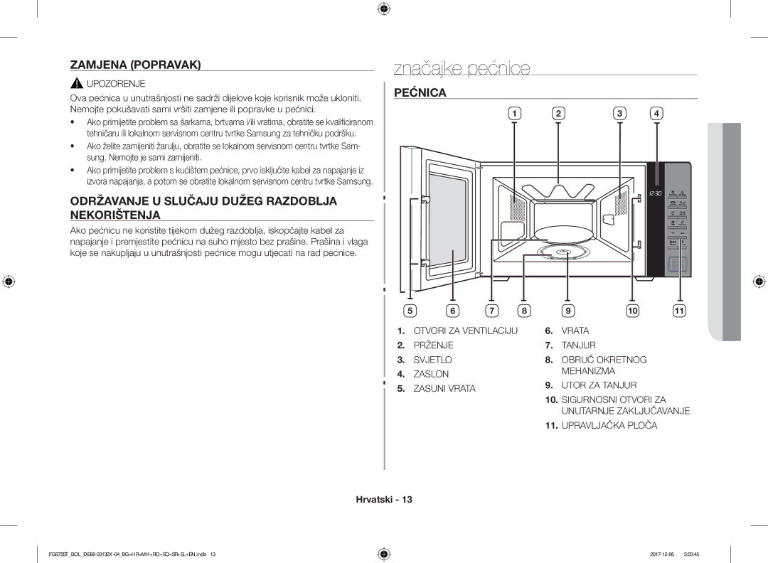 Samsung FG87SUB/XEO manual Značajke pećnice, Zamjena Popravak, Održavanje U Slučaju Dužeg Razdoblja Nekorištenja, Pećnica 