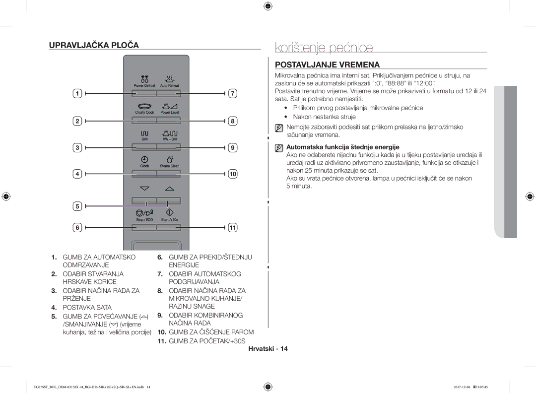 Samsung FG87SUB/BOL Korištenje pećnice, Upravljačka Ploča, Postavljanje Vremena, Automatska funkcija štednje energije 