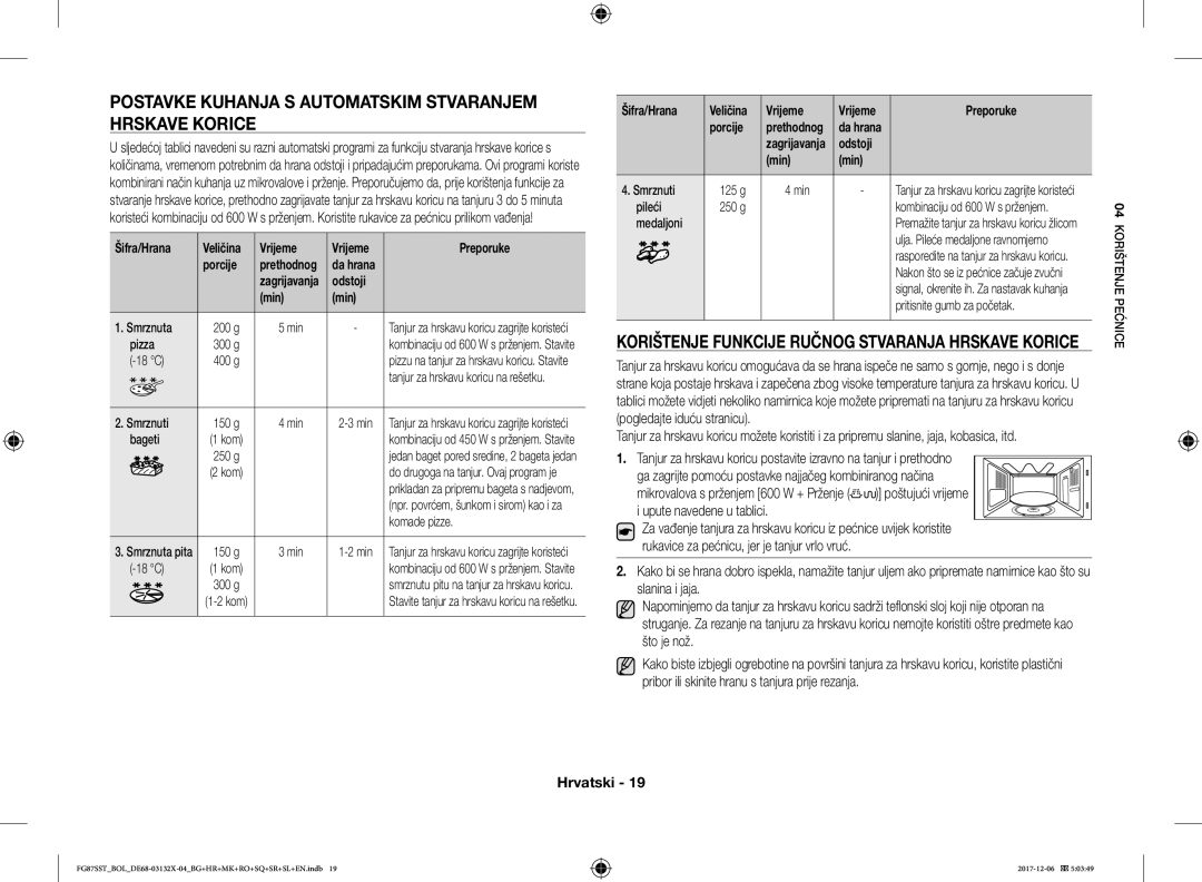 Samsung FG87SST/BOL, FG87SST/XEH, FG87SUB/XEO manual Postavke Kuhanja S Automatskim Stvaranjem Hrskave Korice, Odstoji Min 