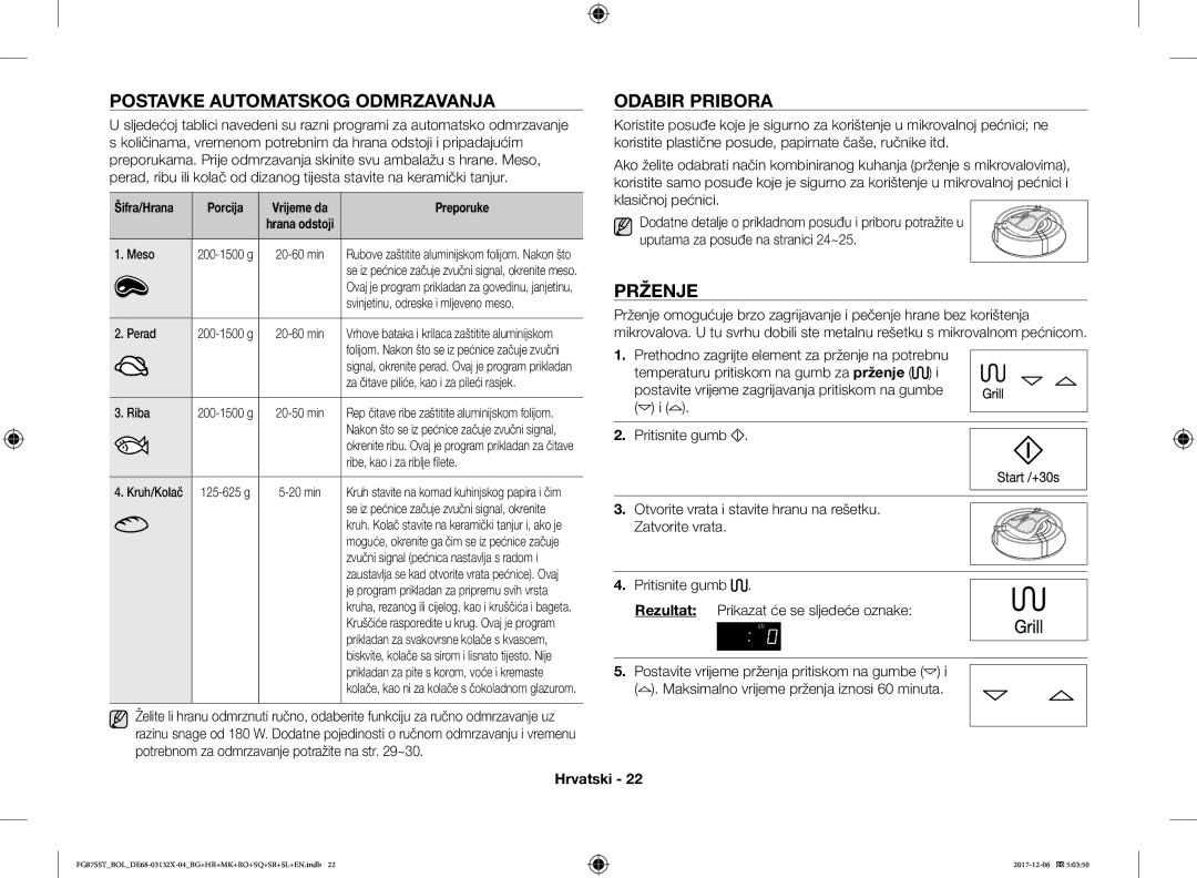 Samsung FG87SUB/BOL, FG87SST/XEH manual Postavke Automatskog Odmrzavanja, Odabir Pribora, Prženje, Šifra/Hrana Porcija 