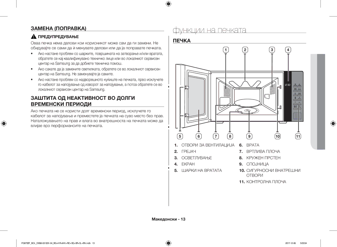 Samsung FG87SUB/XEO manual Функции на печката, Замена Поправка, Заштита ОД Неактивност ВО Долги Временски Периоди, Печка 