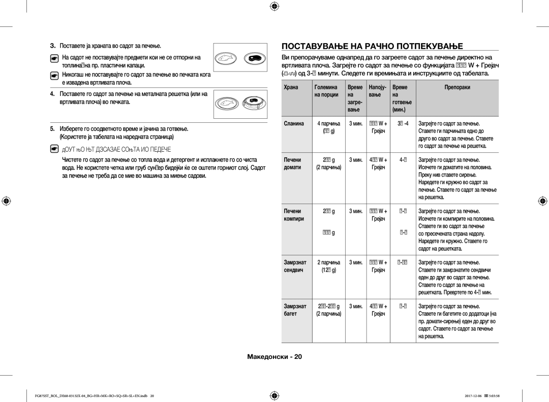 Samsung FG87SST/XEH, FG87SUB/XEO, FG87SUB/BOL Поставување НА Рачно Потпекување, Поставете ја храната во садот за печење 