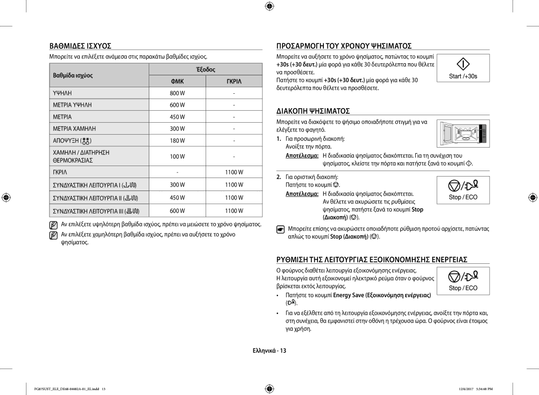 Samsung FG87SUST/ELE manual Βαθμίδεσ Ισχύοσ, Προσαρμογή ΤΟΥ Χρόνου Ψησίματοσ, Διακοπή Ψησίματοσ 