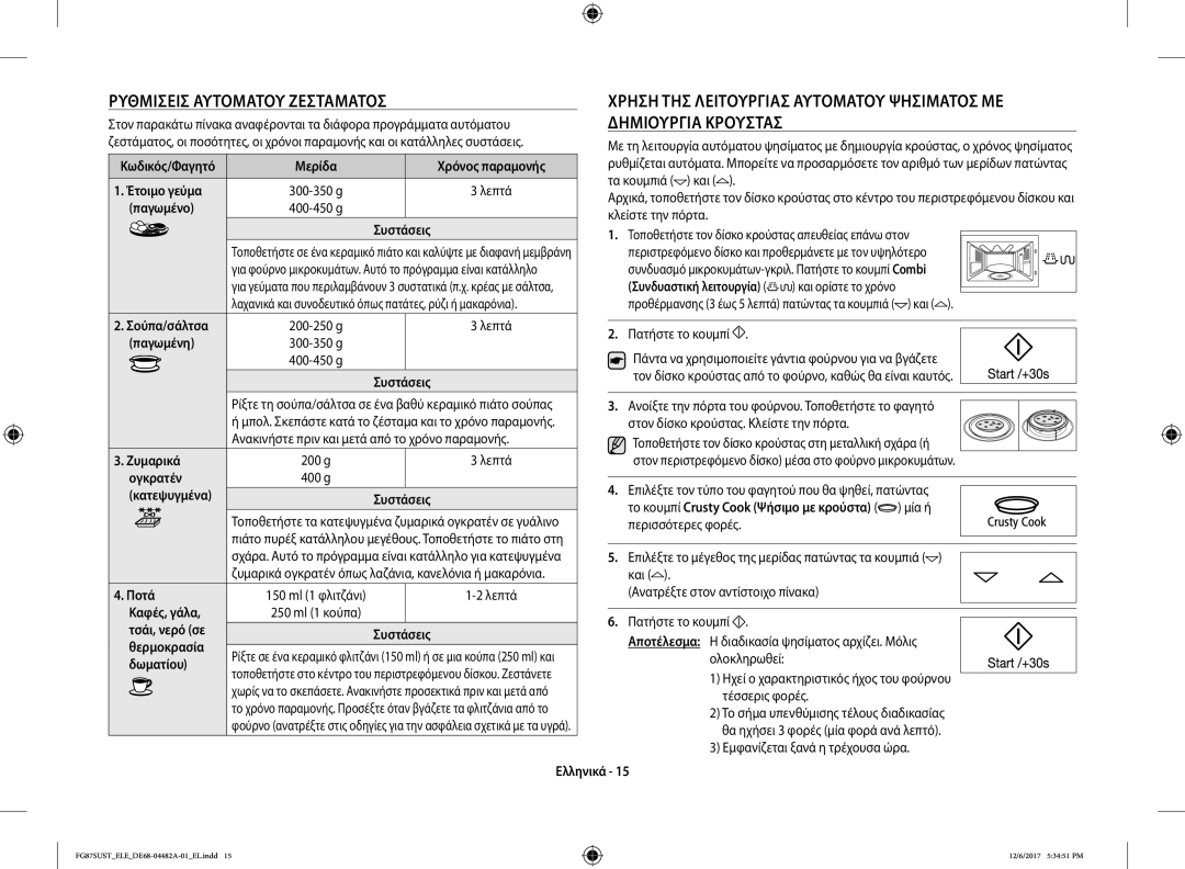 Samsung FG87SUST/ELE manual Παγωμένο, Παγωμένη, Ζυμαρικά, Ογκρατέν, Ποτά, Δωματίου 