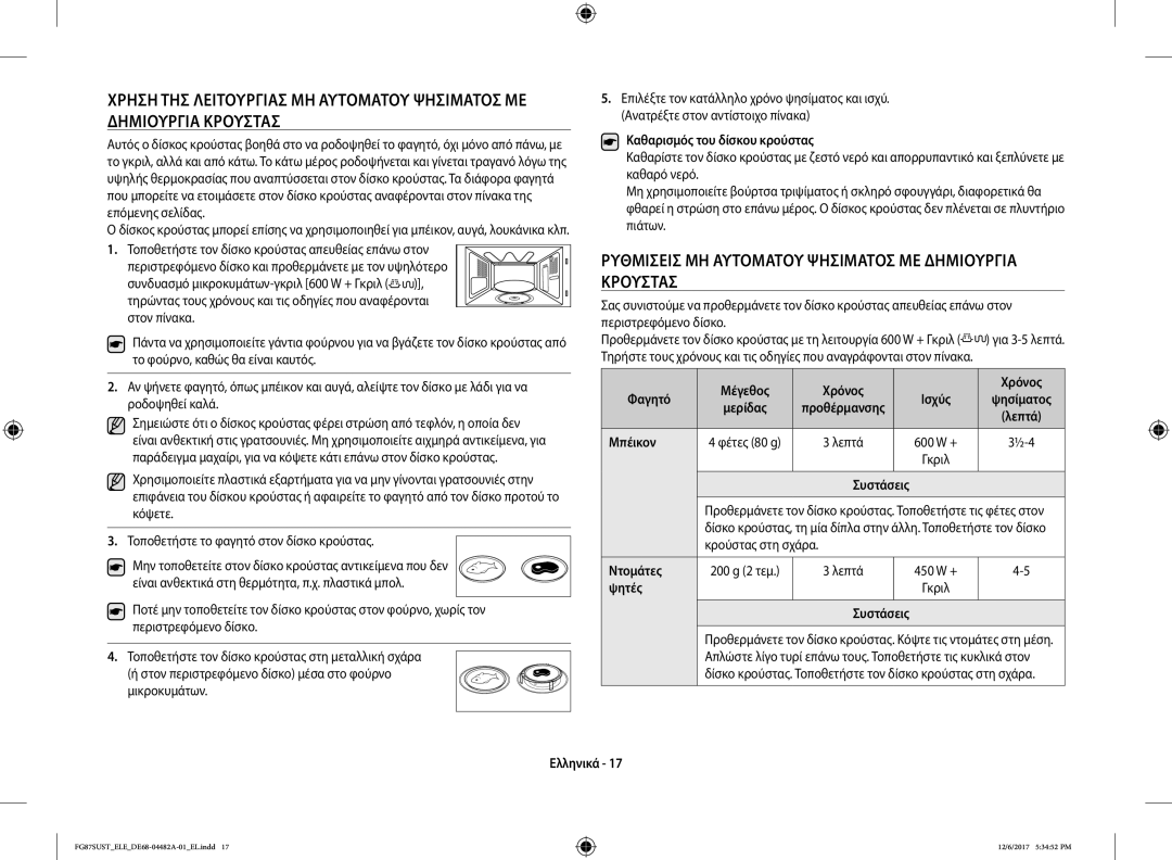 Samsung FG87SUST/ELE manual Ρυθμίσεισ ΜΗ Αυτόματου Ψησίματοσ ΜΕ Δημιουργία Κρούστασ 