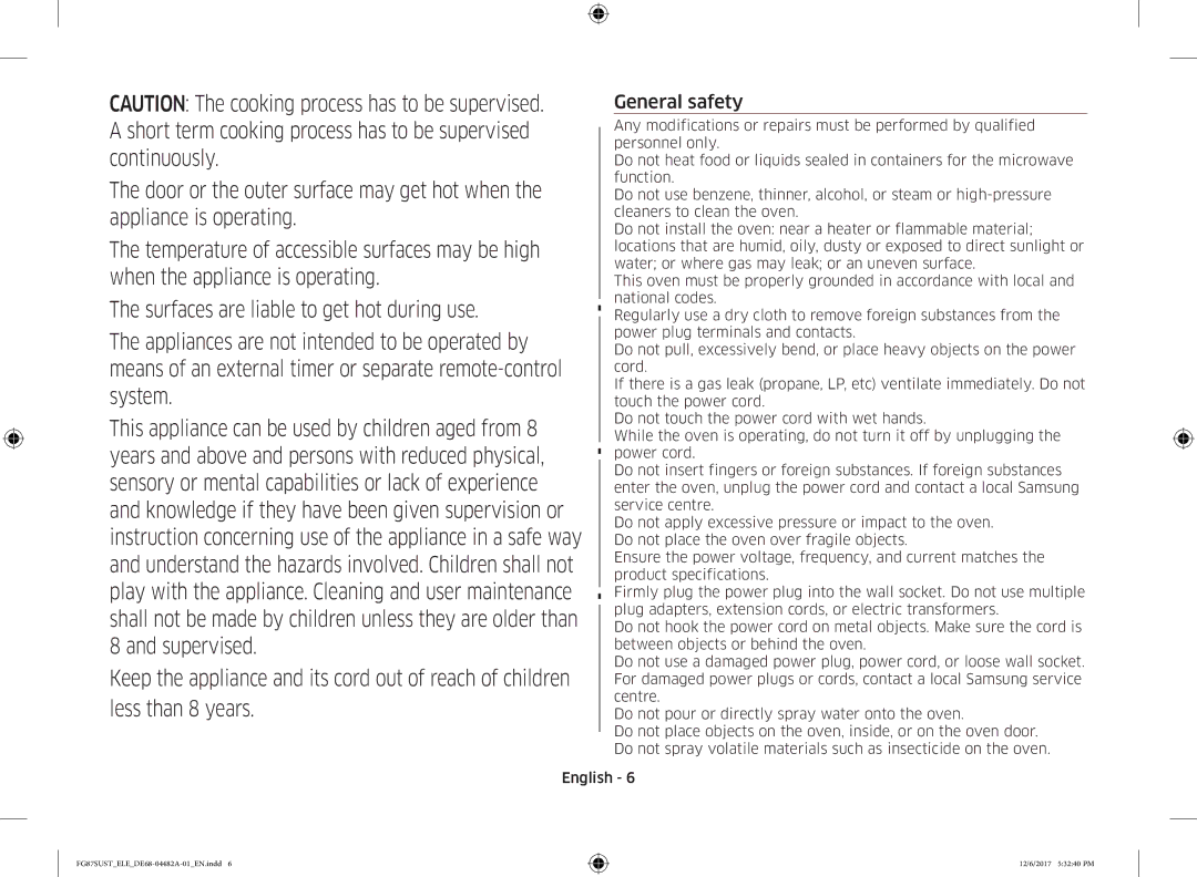 Samsung FG87SUST/ELE manual General safety 