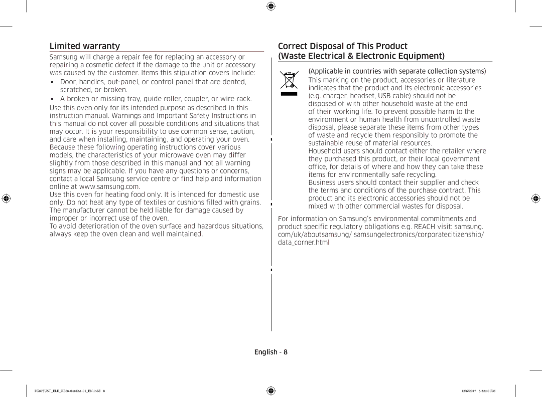 Samsung FG87SUST/ELE manual Limited warranty 