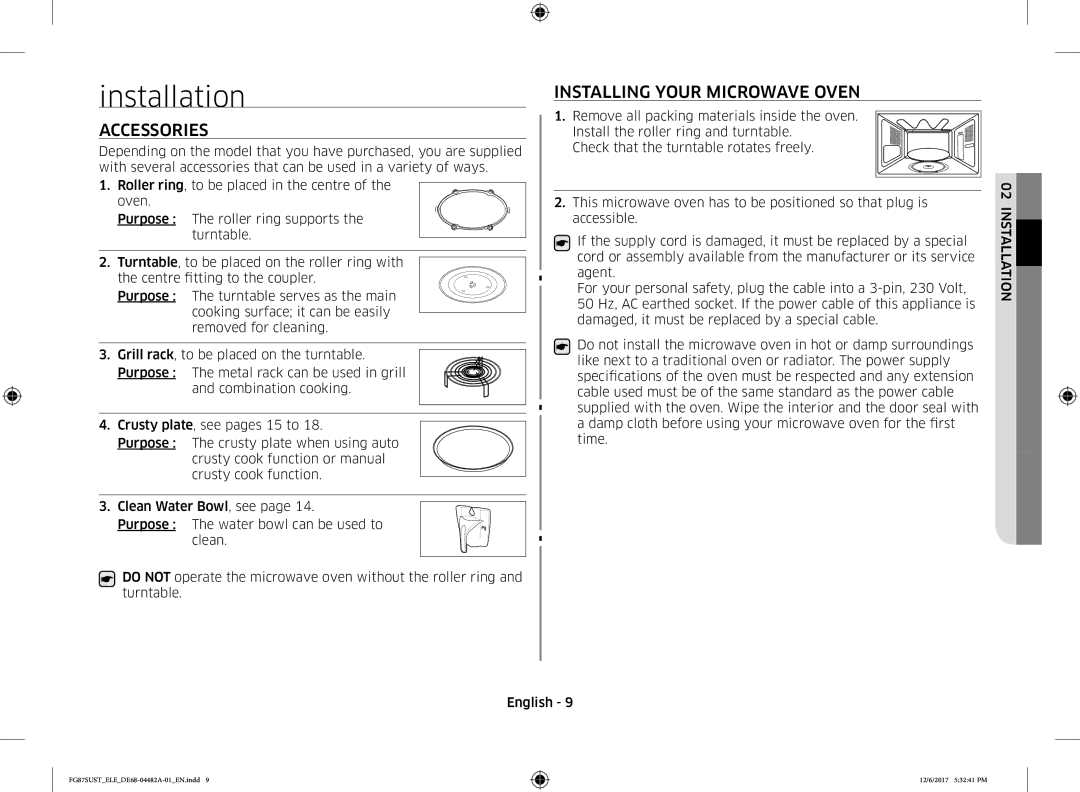 Samsung FG87SUST/ELE manual Installation, Accessories, Installing Your Microwave Oven 