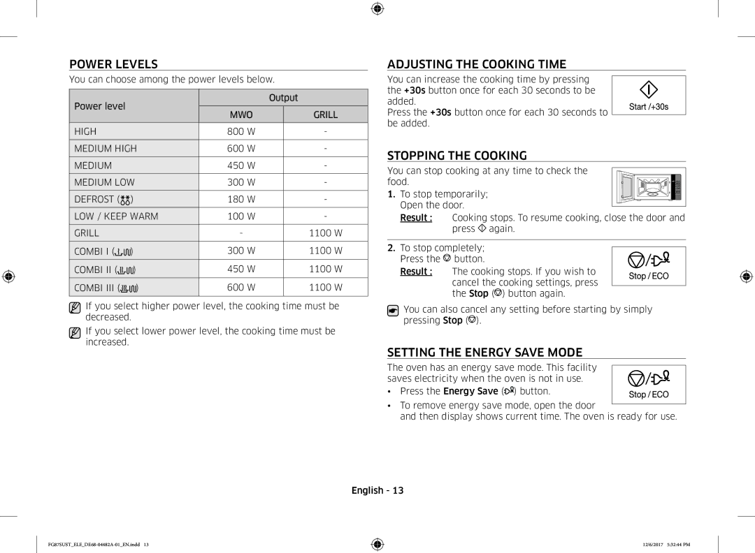 Samsung FG87SUST/ELE manual Power Levels, Adjusting the Cooking Time, Stopping the Cooking, Setting the Energy Save Mode 