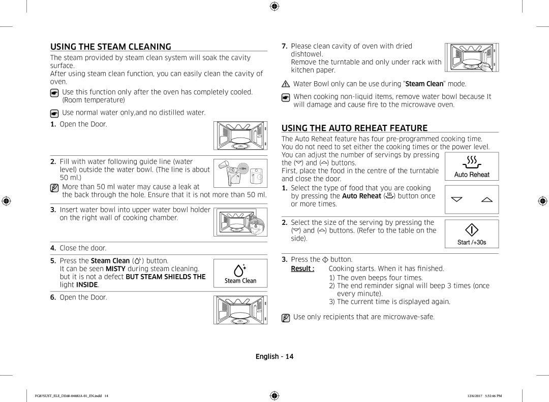 Samsung FG87SUST/ELE manual Using the Steam Cleaning, Using the Auto Reheat Feature 