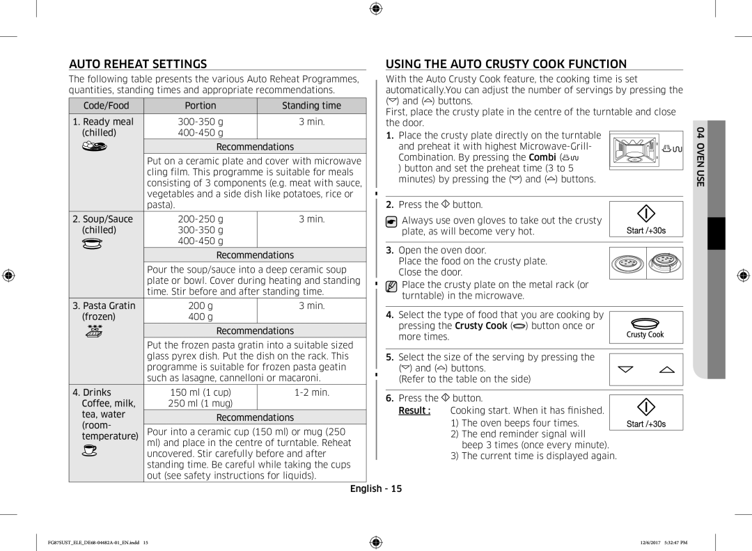 Samsung FG87SUST/ELE manual Auto Reheat Settings, Using the Auto Crusty Cook Function 