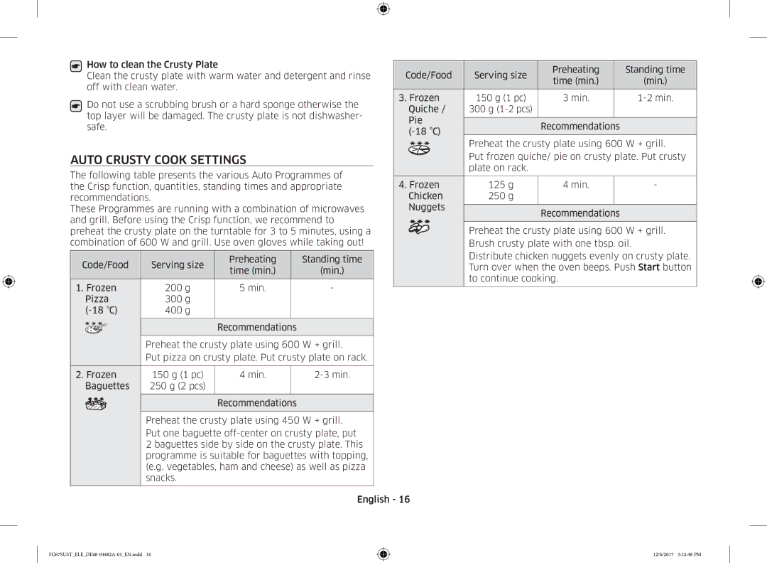 Samsung FG87SUST/ELE manual Auto Crusty Cook Settings, Put frozen quiche/ pie on crusty plate. Put crusty 