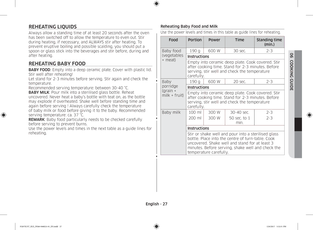 Samsung FG87SUST/ELE manual Reheating Liquids, Reheating Baby Food 