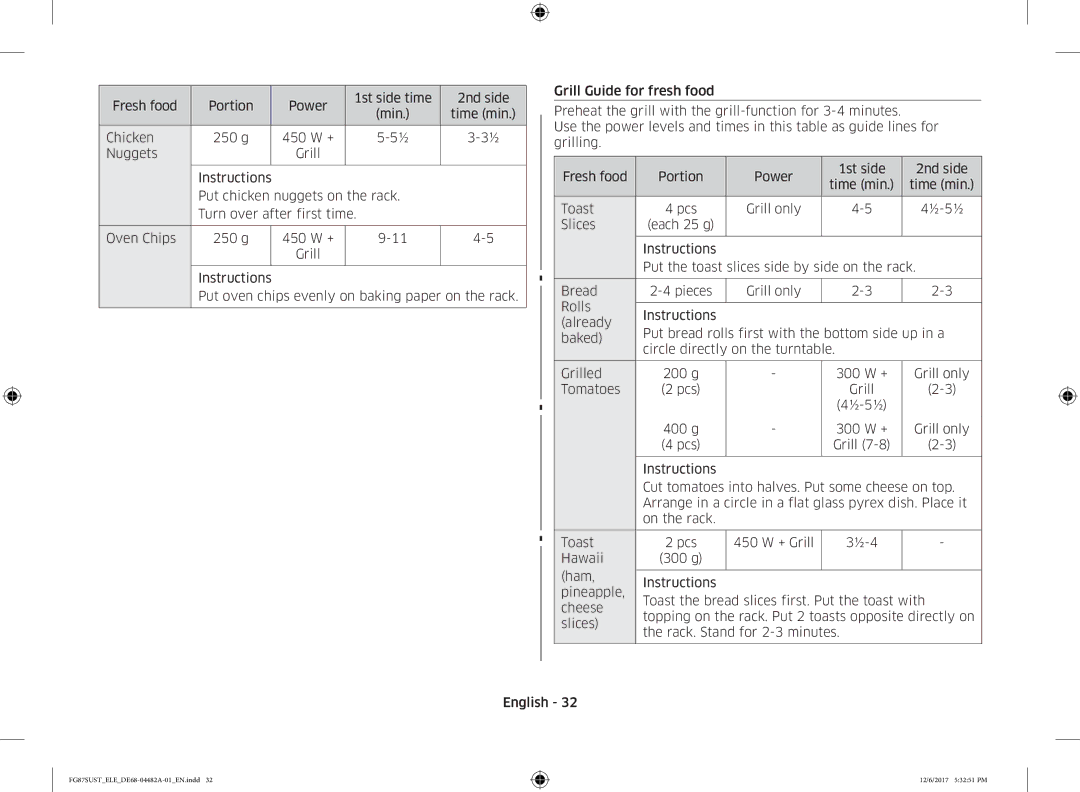 Samsung FG87SUST/ELE manual Slices, 400 g 300 W + Grill only 