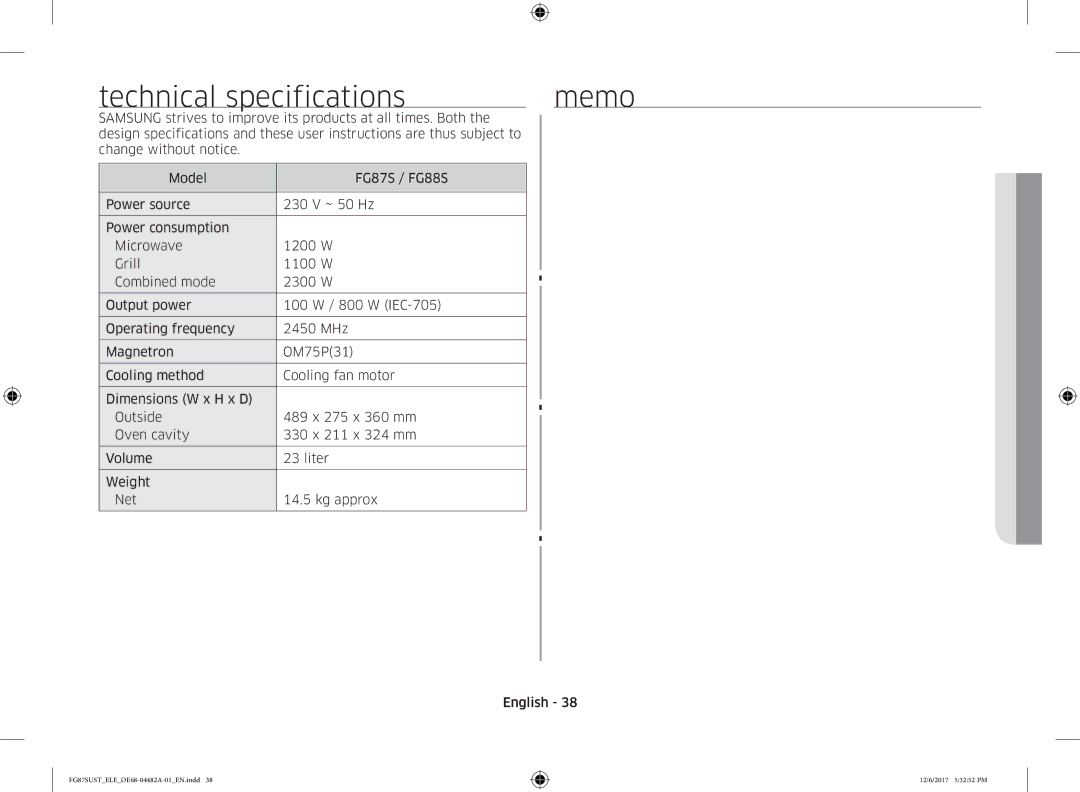 Samsung FG87SUST/ELE manual Technical specifications Memo 