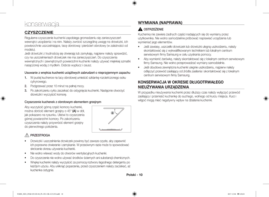 Samsung FG87SUST/XEO, FG87SST/XEH, FG87SUB/XEO manual Konserwacja, Czyszczenie, Wymiana Naprawa, Przestroga, Ostrzeżenie 