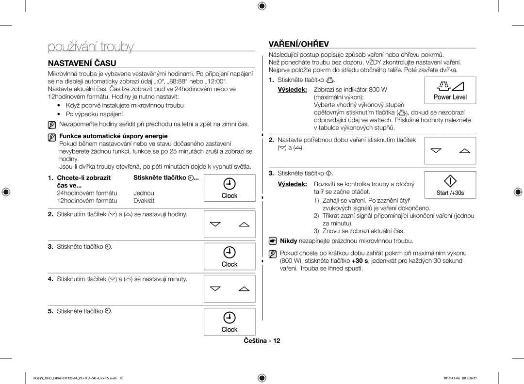 Samsung FG87SUB/BOL, FG87SUST/XEO manual Používání trouby, Nastavení Času, Vaření/Ohřev, Funkce automatické úspory energie 