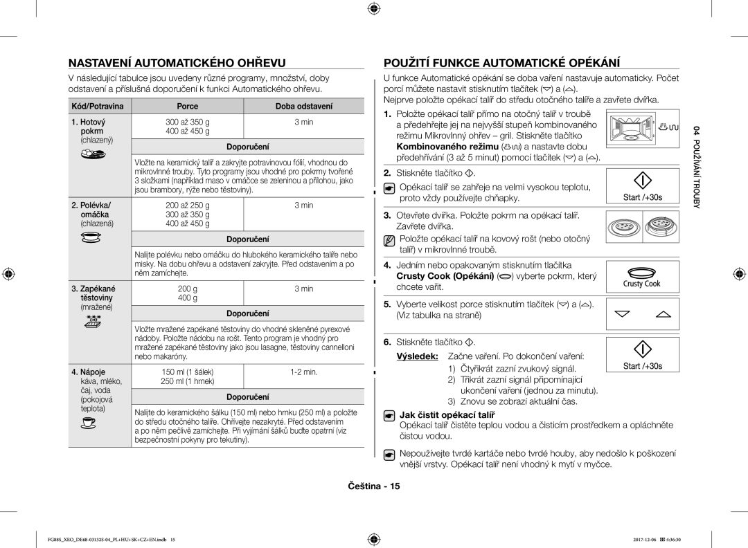 Samsung FG87SST/XEH, FG87SUST/XEO Nastavení Automatického Ohřevu, Použití Funkce Automatické Opékání, Kombinovaného režimu 