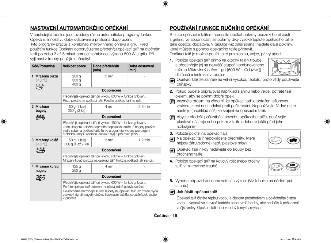 Samsung FG87SUB/XEO manual Režimu Mikrovlnný ohřev gril 600 W + Gril, Dle časů a instrukcí v tabulce, Chňapky, Rozkrájením 