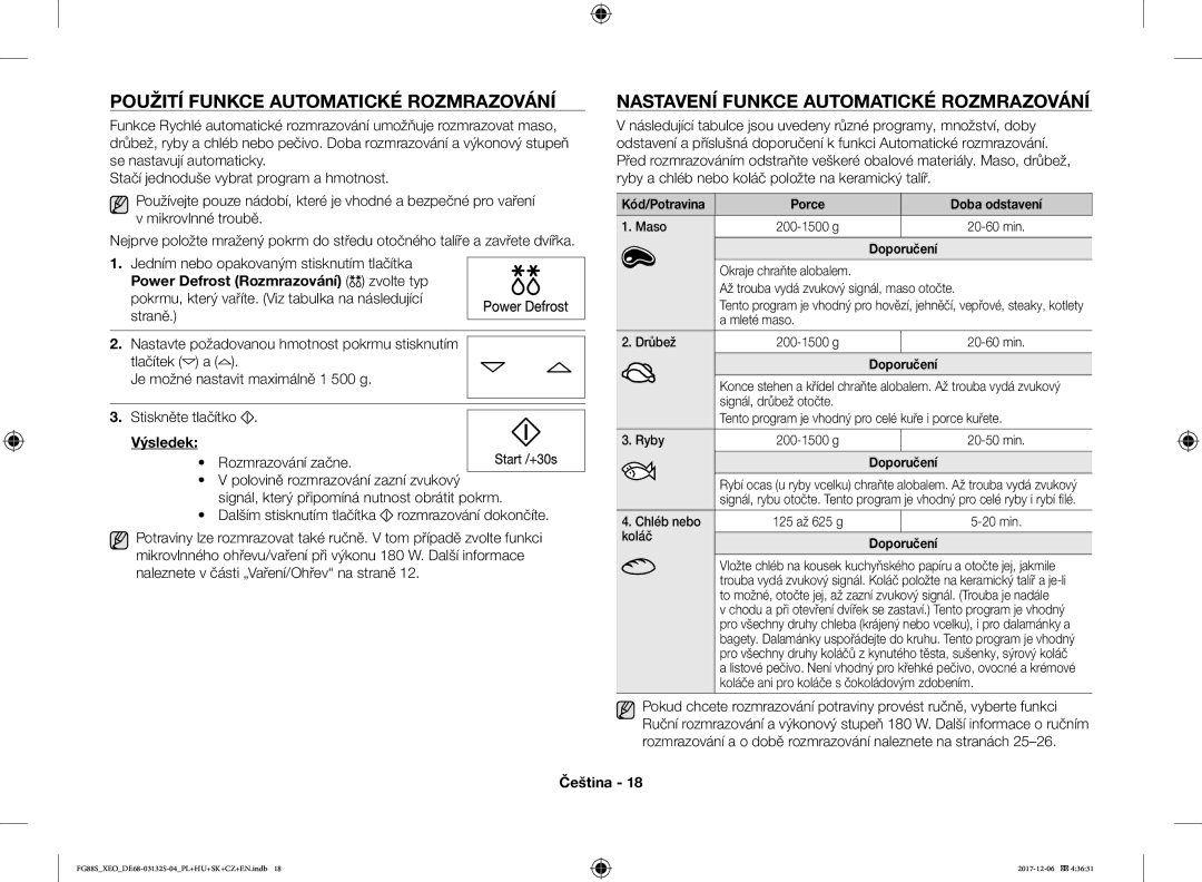 Samsung FG87SUST/ELE, FG87SUST/XEO manual Použití Funkce Automatické Rozmrazování, Nastavení Funkce Automatické Rozmrazování 