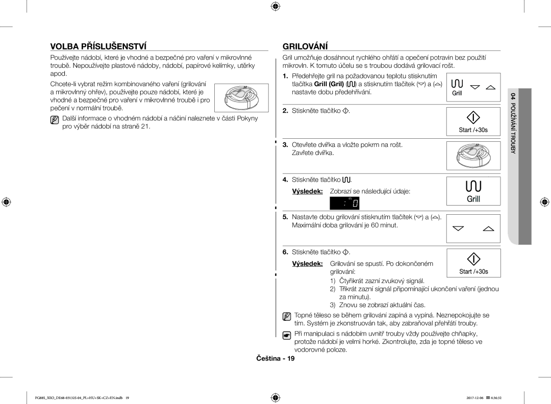 Samsung FG87SUST/XEO, FG87SST/XEH, FG87SUB/XEO, FG87SUB/BOL, FG87SUST/ELE manual Volba Příslušenství, Grilování 