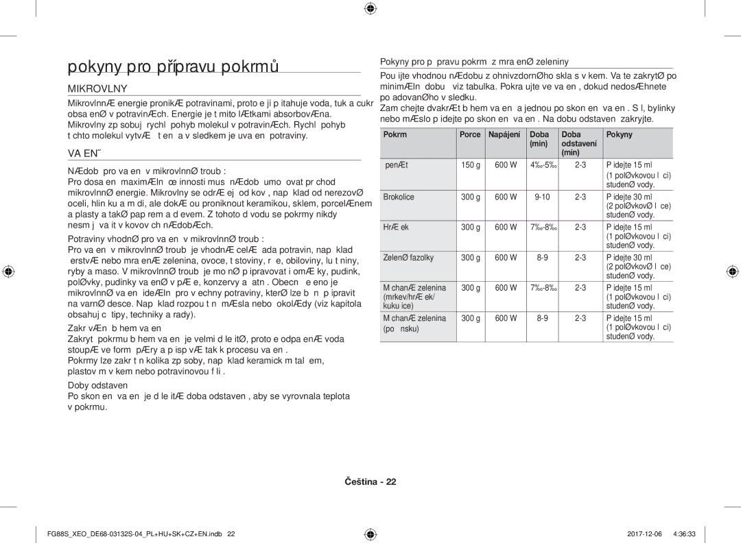 Samsung FG87SUB/BOL manual Pokyny pro přípravu pokrmů, Mikrovlny, Vaření, Pokrm Porce Napájení Doba Pokyny Min Odstavení 