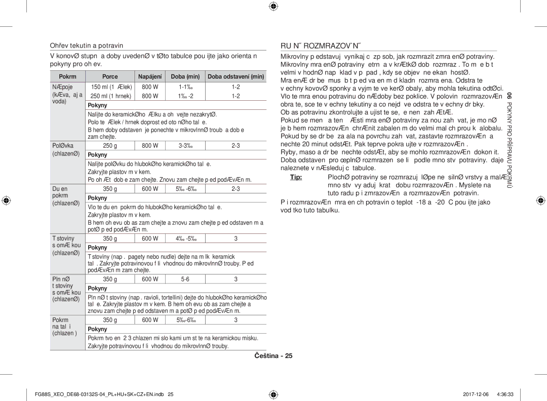 Samsung FG87SST/XEH, FG87SUST/XEO, FG87SUB/XEO manual Ruční Rozmrazování, Pokrm Porce Napájení Doba min, Nápoje, Voda Pokyny 