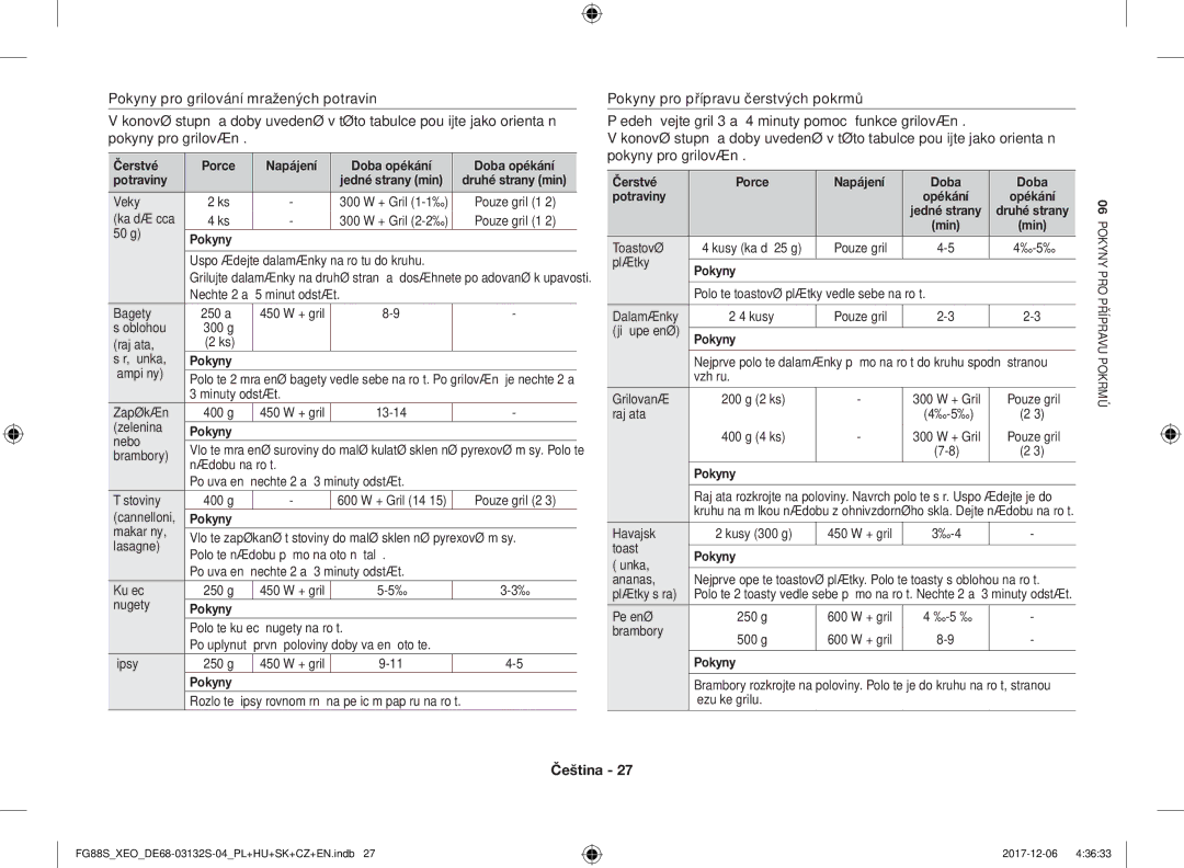 Samsung FG87SUB/BOL manual Čerstvé Porce Napájení Doba opékání Potraviny, Čerstvé Porce Napájení Doba Potraviny, Toastové 