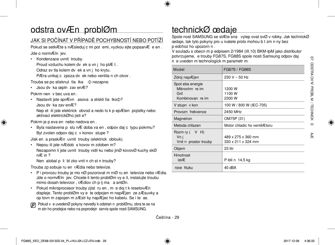 Samsung FG87SUST/XEO manual Odstraňování problémů, Úroveň hluku 40 dBA, Jsou dvířka úplně zavřená? Pokrm není vůbec uvařený 