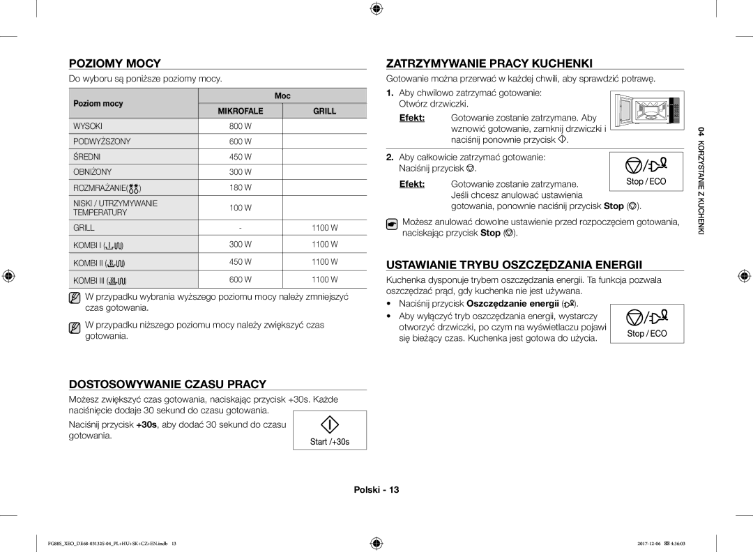 Samsung FG87SUB/BOL, FG87SUST/XEO manual Poziomy Mocy, Zatrzymywanie Pracy Kuchenki, Ustawianie Trybu Oszczędzania Energii 