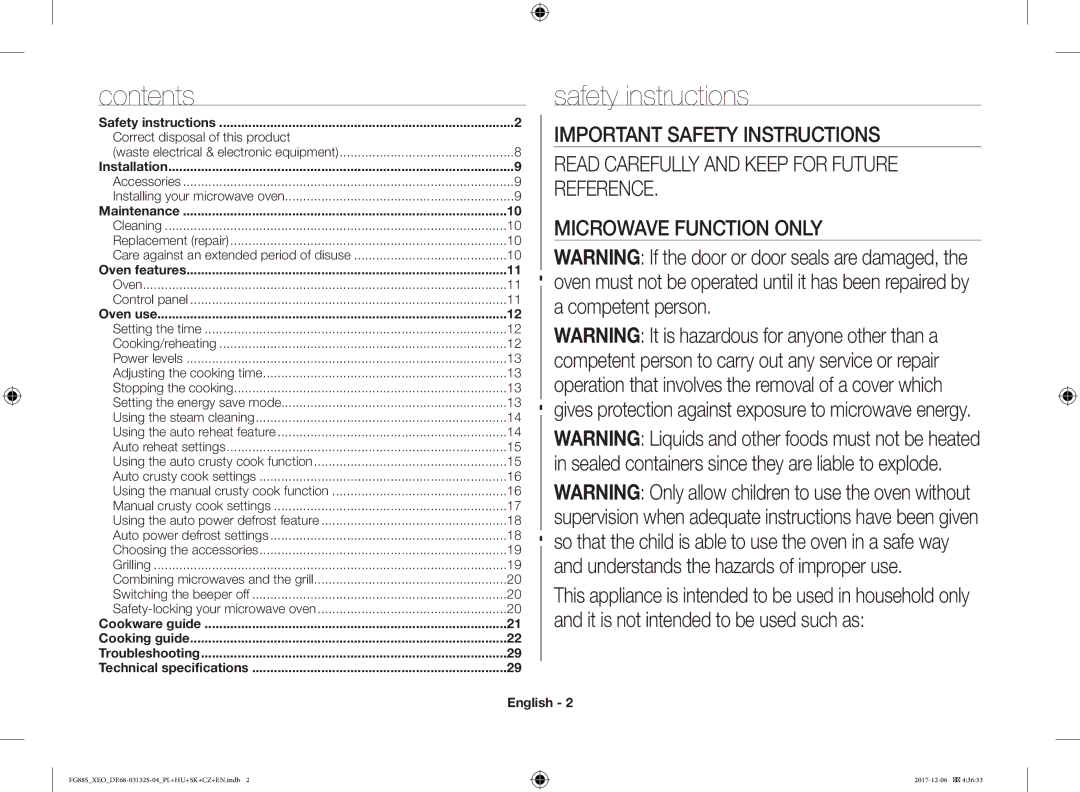 Samsung FG87SUST/XEO, FG87SST/XEH, FG87SUB/XEO, FG87SUB/BOL, FG87SUST/ELE manual Contents, Safety instructions 