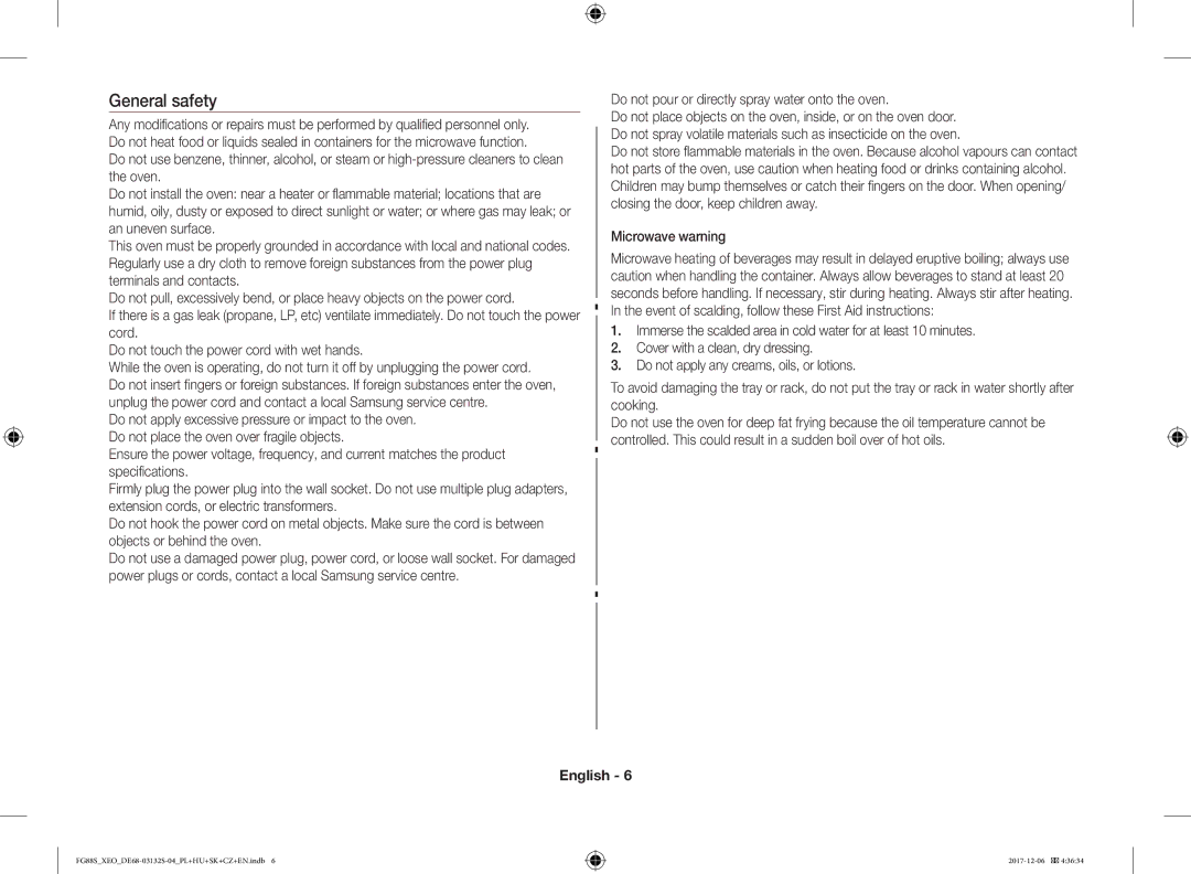 Samsung FG87SUST/ELE, FG87SUST/XEO General safety, Do not pour or directly spray water onto the oven, Microwave warning 