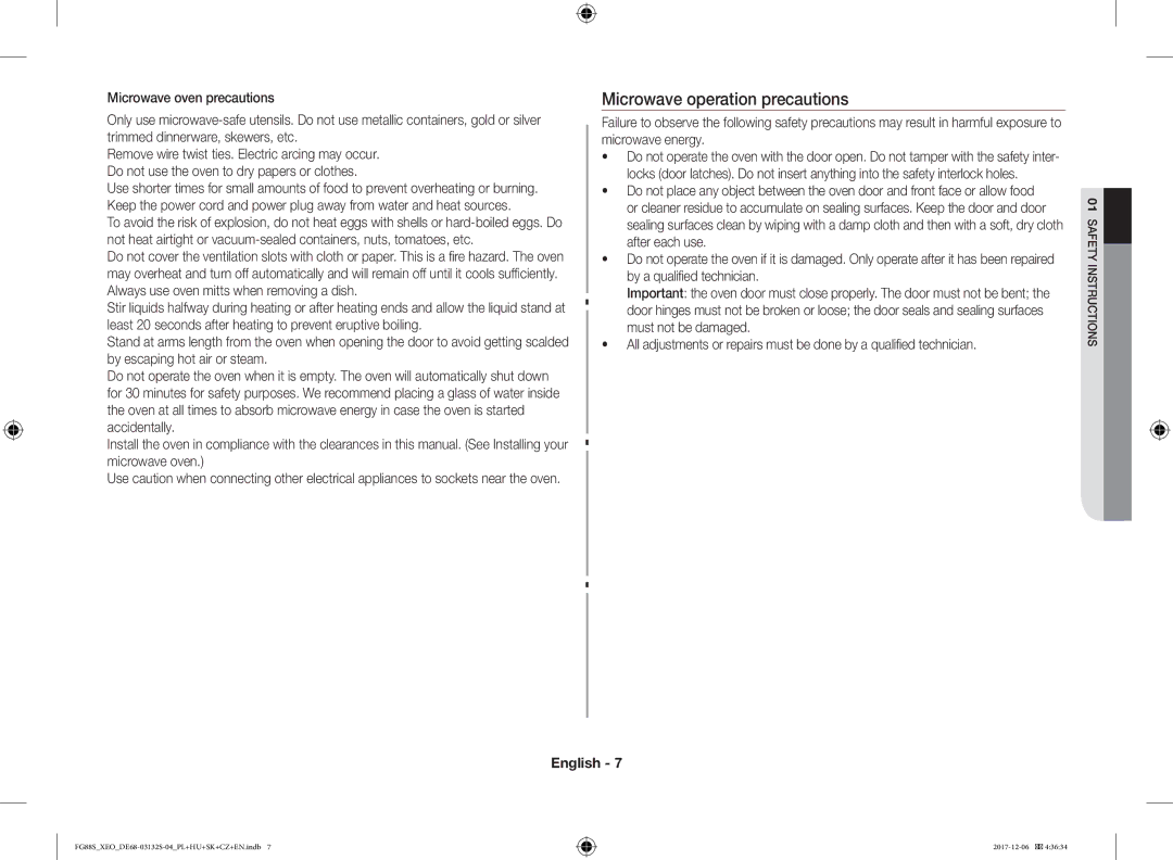 Samsung FG87SUST/XEO, FG87SST/XEH, FG87SUB/XEO, FG87SUB/BOL, FG87SUST/ELE manual Microwave operation precautions 