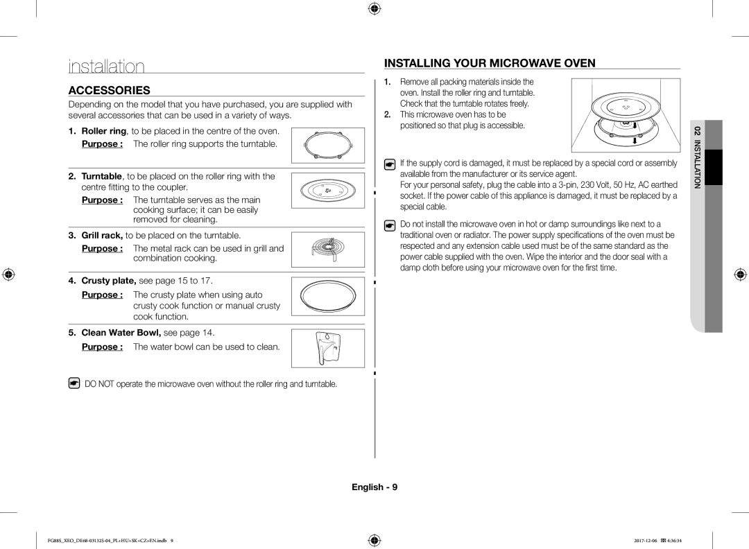 Samsung FG87SUB/XEO, FG87SUST/XEO manual Installation, Accessories, Installing Your Microwave Oven, Clean Water Bowl, see 