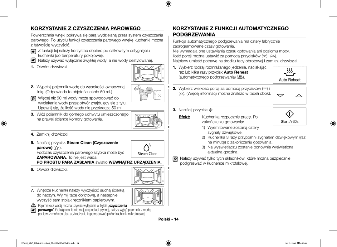 Samsung FG87SUST/ELE, FG87SUST/XEO, FG87SST/XEH, FG87SUB/XEO Podgrzewania, Naciśnij przycisk Steam Clean Czyszczenie, Parowe 