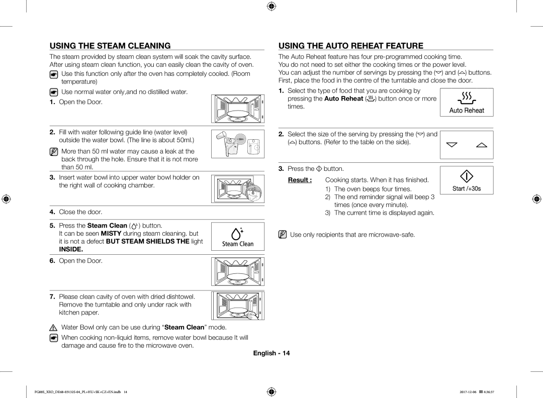 Samsung FG87SUB/XEO manual Using the Steam Cleaning Using the Auto Reheat Feature, Cooking starts. When it has finished 