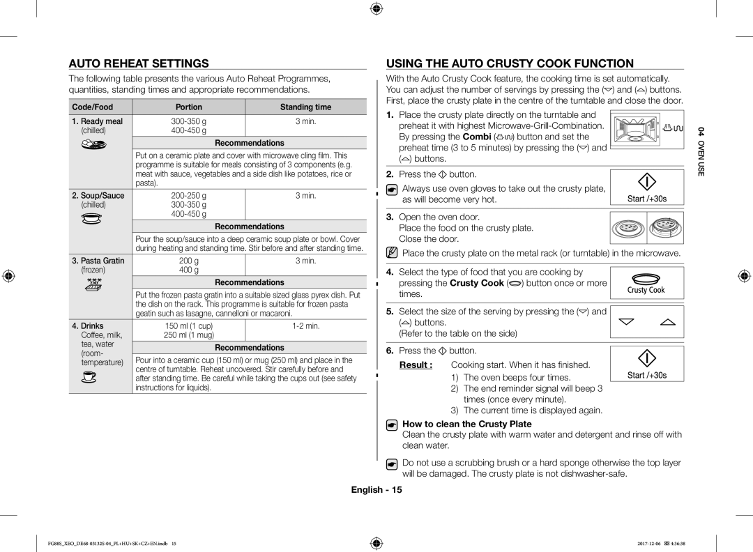 Samsung FG87SUB/BOL Auto Reheat Settings, Using the Auto Crusty Cook Function, How to clean the Crusty Plate, Code/Food 