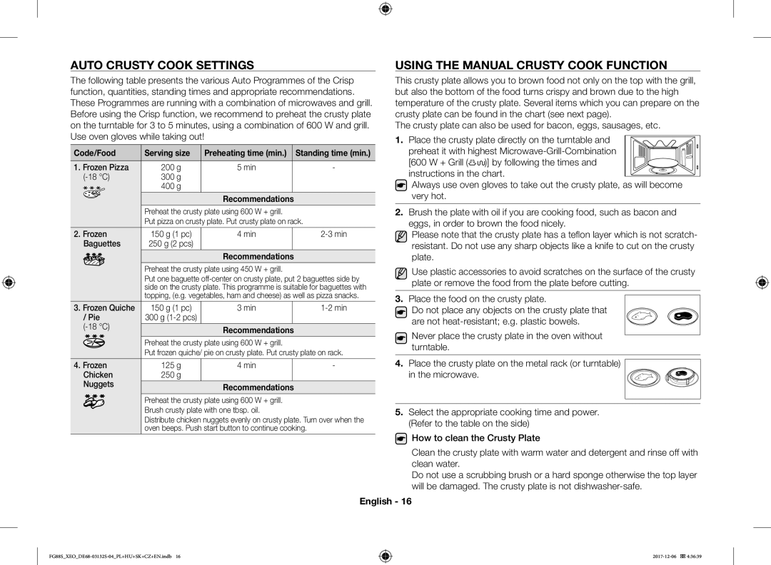 Samsung FG87SUST/ELE, FG87SST/XEH Auto Crusty Cook Settings, Using the Manual Crusty Cook Function, Code/Food Serving size 