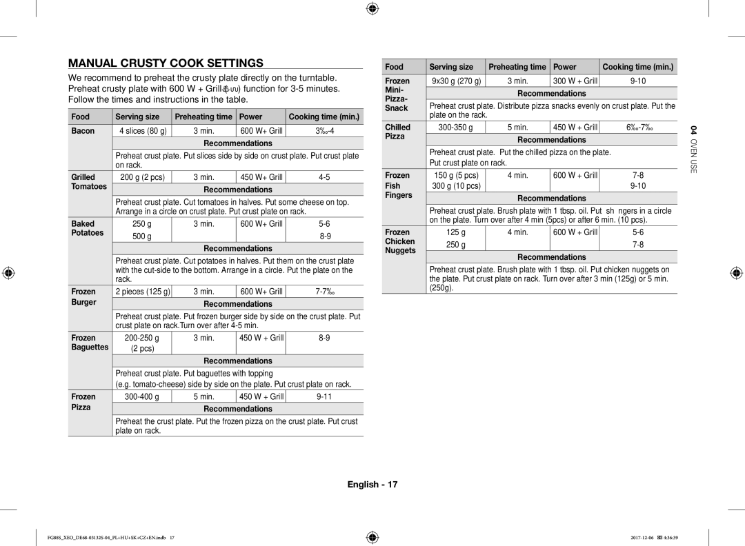 Samsung FG87SUST/XEO, FG87SST/XEH, FG87SUB/XEO, FG87SUB/BOL, FG87SUST/ELE manual Manual Crusty Cook Settings 