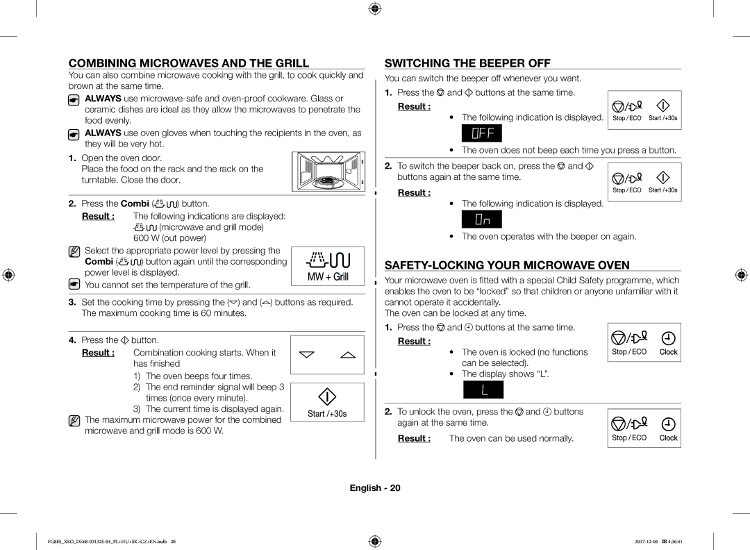 Samsung FG87SUB/BOL manual Combining Microwaves and the Grill, Switching the Beeper OFF, SAFETY-LOCKING Your Microwave Oven 