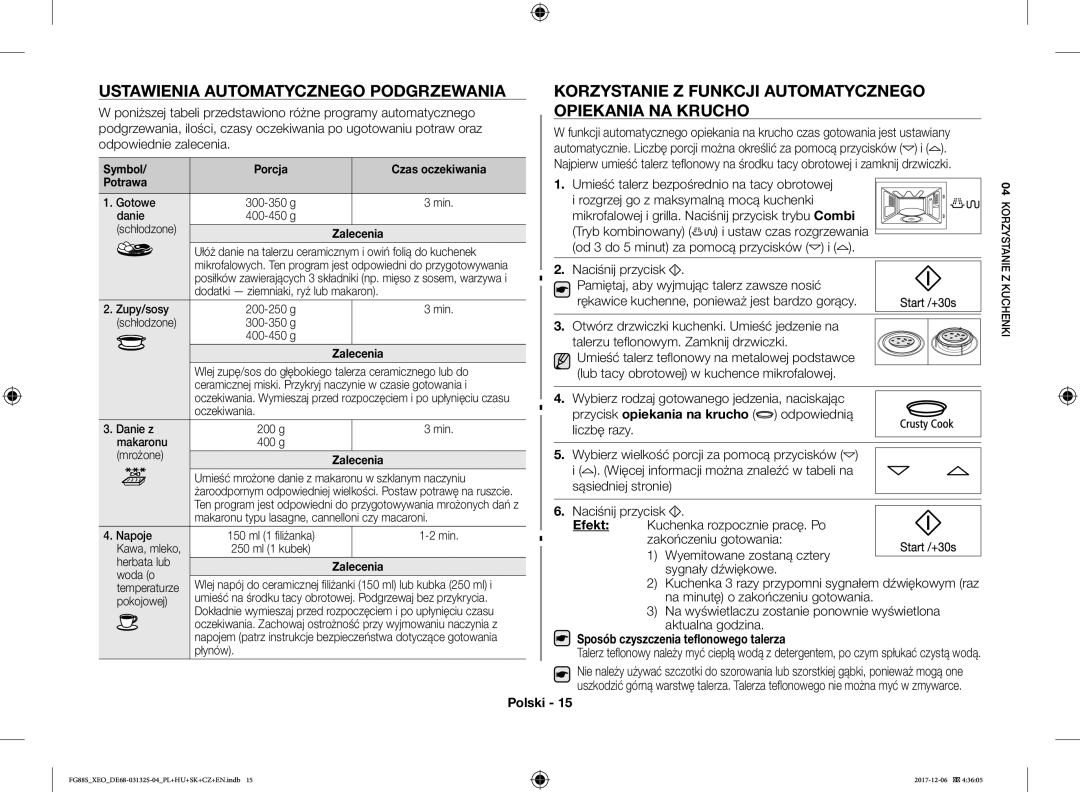 Samsung FG87SUST/XEO Ustawienia Automatycznego Podgrzewania, Korzystanie Z Funkcji Automatycznego Opiekania NA Krucho 