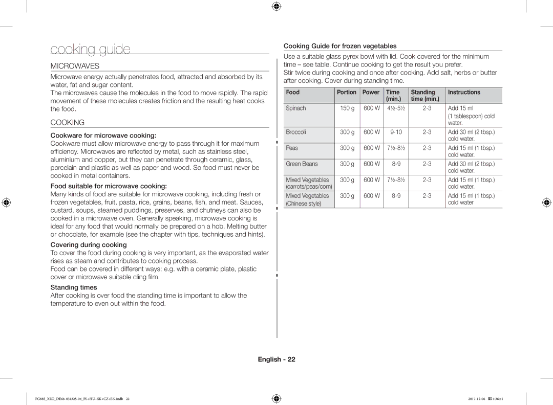 Samsung FG87SUST/XEO, FG87SST/XEH, FG87SUB/XEO Cooking guide, Microwaves, Food Portion Power Time Standing Instructions Min 