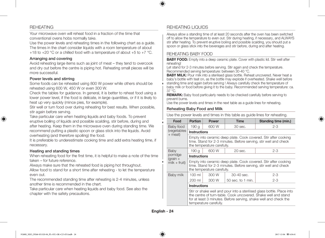 Samsung FG87SUB/XEO, FG87SUST/XEO Reheating Liquids, Reheating Baby Food, Food Portion Power Time Standing time min 