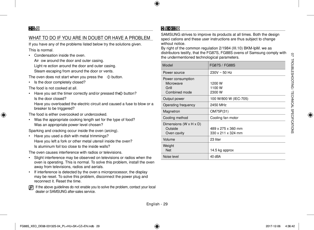 Samsung FG87SUB/XEO, FG87SUST/XEO, FG87SST/XEH, FG87SUB/BOL, FG87SUST/ELE manual Troubleshooting, Technical specifications 